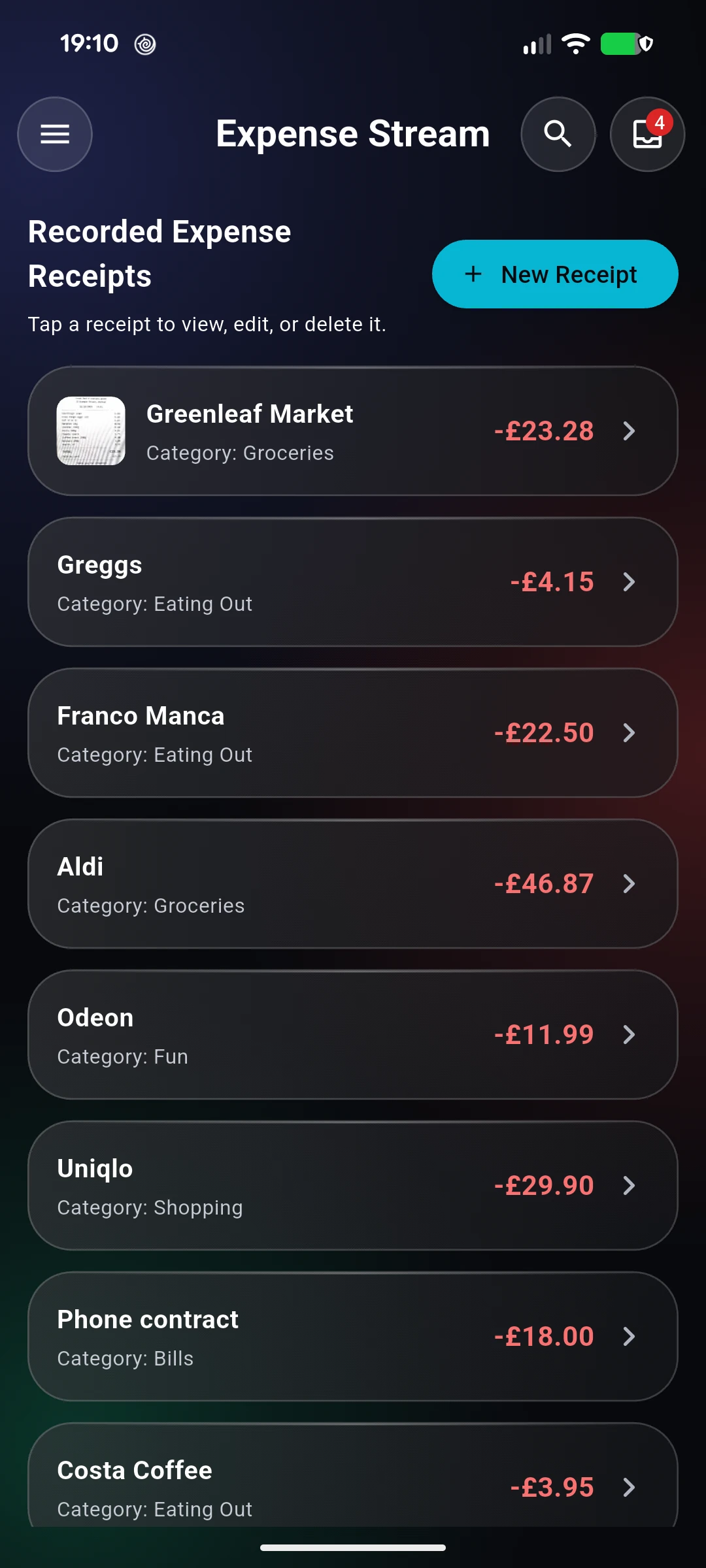 Expense Stream screen: a list of expenses such as Greenleaf Market groceries £23.28, Greggs £4.15 and Aldi £46.87, with a New Receipt button.